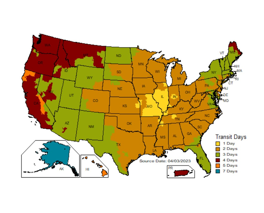 Map showing approximate shipping time